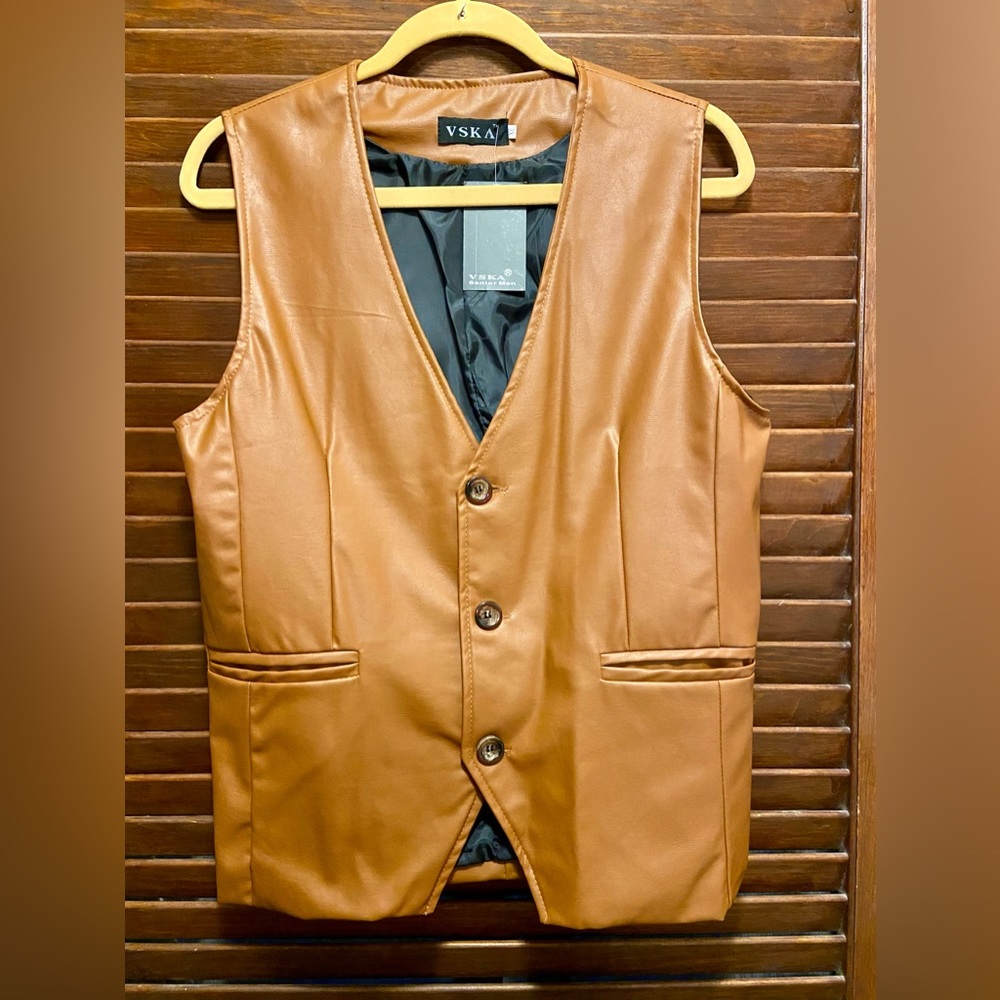 Vegan Leather 3 button waistcoat vest. Fully lined with Functional pockets. NWT